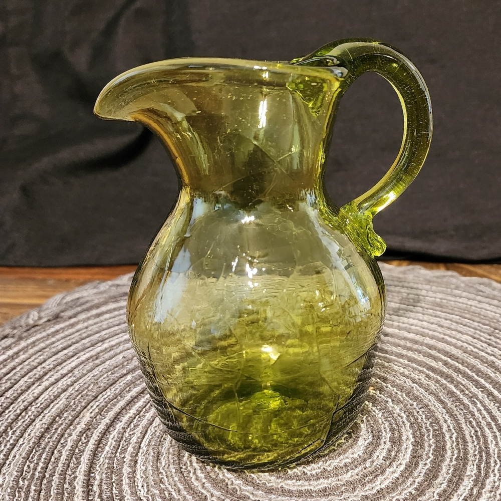 Green Glass Pitcher - Vintage- Hand Blown.